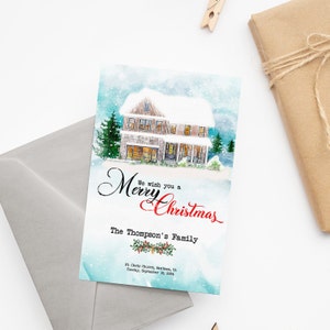 Aangepaste kerstwenskaart, huisportret voor kerstkaart, een vrolijk kerstfeest, kerstkaart, kerstkaart makelaar
