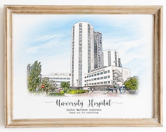 Custom Hospital Watercolor Portrait: Doctor Retirement Gift
