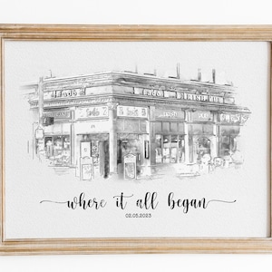 Croquis de portrait personnalisé premier rendez-vous, cadeau d'anniversaire, portrait vintage noir et blanc, où il a proposé, où tout a commencé, où nous avons rencontré le croquis