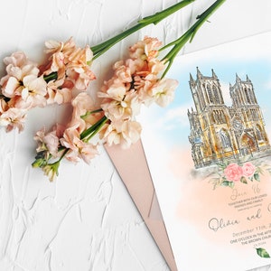 Biglietto d'invito per la sede del matrimonio personalizzato con ritratto della chiesa, dipinto ad acquerello per la sede del matrimonio, set di biglietti d'invito, invito per la chiesa del matrimonio