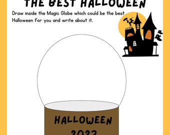Puede incluir: Una hoja de actividades de Halloween con el texto "THE BEST HALLOWEEN". Presenta un dibujo de un globo de nieve con las palabras "HALLOWEEN 2023" en la base, y una ilustración de un castillo embrujado. Incluye líneas para escribir.