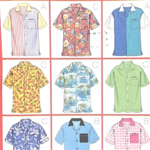 May include: Butterick pattern 5016 for nine fast and easy sew shirts. The pattern includes various shirt designs with short sleeves and button-up fronts. The shirts feature different patterns and colors, including floral, striped, and solid options. Size L-XL.