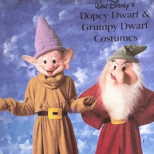 May include: Simplicity pattern for Walt Disney's Dopey Dwarf and Grumpy Dwarf costumes. The pattern shows illustrations of the characters in their outfits. The pattern size is 10-12.