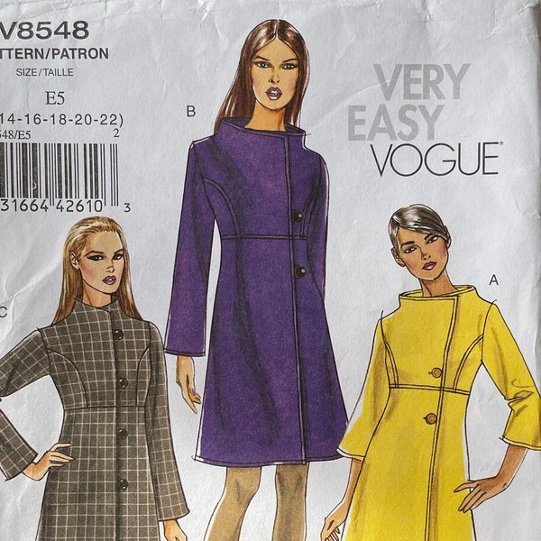 Vogue 8548, taille femme (14-22), manteaux doublés, patron de couture 2008 non coupé