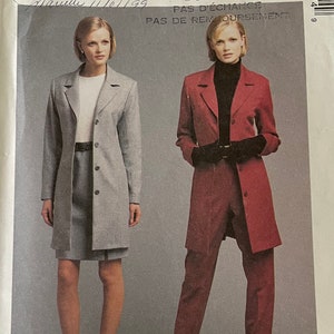 May include: A vintage McCall's sewing pattern envelope featuring two women modeling a gray skirt suit and a red pantsuit. The envelope includes text in English, French, and Spanish. The pattern size is D (12, 14, 16).