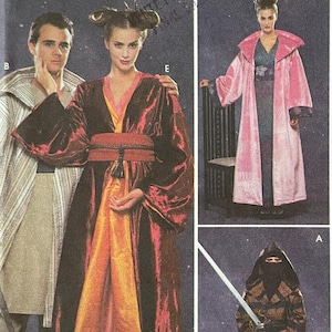 May include: Simplicity Costumes pattern for a robe. The pattern includes four different costume designs: a pink robe, a red and orange robe, a black and brown robe, and a blue and white robe. The pattern is for all sizes.