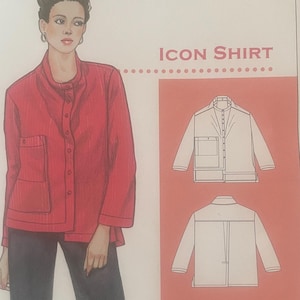 May include: A sewing pattern envelope for the Icon Shirt by The Sewing Workshop. The cover features an illustration of a person wearing a red button-down shirt with a high collar and a large patch pocket, paired with dark trousers, plus line drawings.