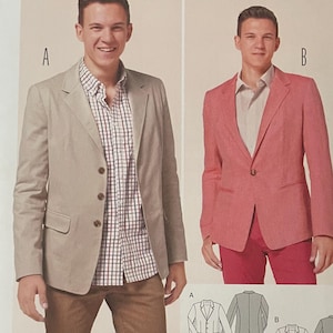 Może przedstawiać: Wzór szycia Burda Style z dwoma wzorami kurtek. Jeden model nosi beżową marynarkę z koszulą w kratę i brązowymi spodniami. Drugi model nosi różową marynarkę z różowymi spodniami. Rozmiary: EUR 44-54.