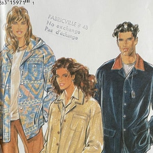 May include: A sewing pattern for three jackets. The pattern is from New Look and is for sizes S-XXL. The pattern is for a brown jacket, a blue jacket, and a blue and white patterned jacket. The pattern is labelled "Fabricville # 48 No exchange Pas d'échange".