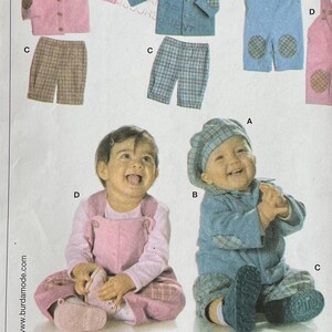 May include: A sewing pattern for baby clothes. The pattern includes instructions for making a jacket, pants, and overalls. The pattern is available in sizes 3 months to 18 months. The pattern is illustrated with photos of babies wearing the finished garments.