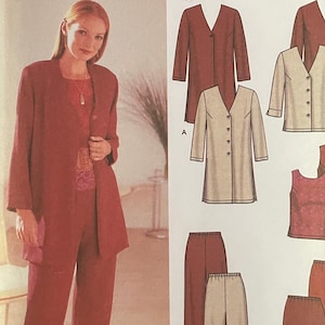 Può includere: Modello di cucito Simplicity 7186. Il modello presenta una donna in tailleur rosso e illustrazioni di vari stili di abiti. Il modello include le taglie 18W-24W, EUR 44-50 e FR 46-52. Il testo "easy to sew" è visibile.