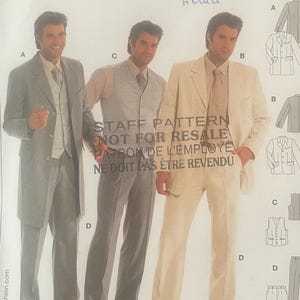 May include: A Burda 8186 sewing pattern envelope for a suit and waistcoat. The front displays three variations of formal attire in grey and cream colours, with technical line drawings of the jacket, waistcoat, and trousers on the right side.