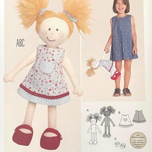 May include: A Burda Style sewing pattern for a doll, number 6824. The pattern includes a doll with orange pigtails, wearing a floral dress and red shoes. The image also shows a young girl wearing a blue dress.