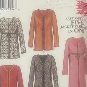 May include: A New Look sewing pattern envelope for five jacket variations in one. The white paper package displays illustrations of long-sleeved jackets with V-necklines, tie-front closures, and varying lengths, including one with a circular pattern.