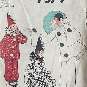 May include: Vintage Simplicity 9579 sewing pattern for adult clown costumes. The pattern features illustrations of three different clown outfits in red, black and white, and checkered designs. The pattern is for a medium size, 36-38.