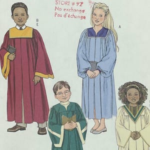 May include: Butterick B4542 sewing pattern featuring illustrations of children in choir robes. The pattern includes various robe styles in burgundy, green, blue, and cream colors. The pattern size is Med-Lrg.