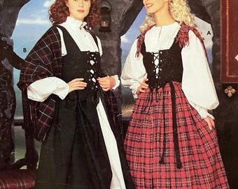 May include: A Simplicity Costumes pattern featuring two women in medieval-style dresses. One dress is black and white, the other is red plaid. The pattern includes sizes 14, 16, 18, and 20. The cover has the text "Simplicity COSTUMES".