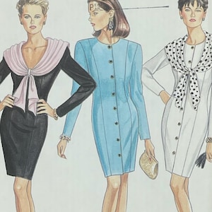Peut inclure: Une enveloppe de patron de couture New Look vintage avec des illustrations de trois femmes en robes. L'enveloppe porte les mentions "NEWLOOK" et "PAID-PAYE", avec une taille de 6-16.