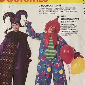 May include: A sewing pattern for making two clown costumes. The pattern includes instructions for making a jester costume with a purple and black checked jumpsuit and a red and white polka dot jumpsuit. The pattern is for sizes 2 through 8 for children and X-small through large for adults and teens. The pattern is from McCall's Costumes and is called "Easy 2 Hour Costumes".