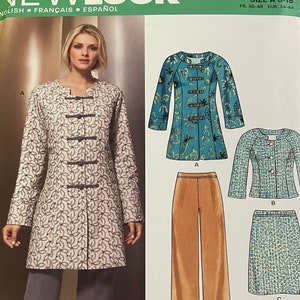 May include: A New Look sewing pattern showing a woman in a patterned coat and grey trousers. The pattern includes illustrations of a teal coat, a tweed jacket, a skirt, and tan trousers. The pattern size is A 8-18.