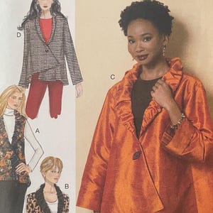 May include: A Butterick sewing pattern envelope B6383 for jackets in sizes Lrg-Xlg-Xxl. The front displays four illustrations of jackets labelled A, B, C, and D, showcasing various fabric patterns including floral, leopard print, and solid orange with ruffles.