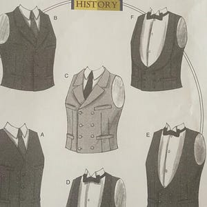May include: A Butterick sewing pattern, B6339, featuring illustrations of various vest designs. The pattern includes vests with different collar styles, button arrangements, and bow ties. The text "MAKING HISTORY" is also visible.