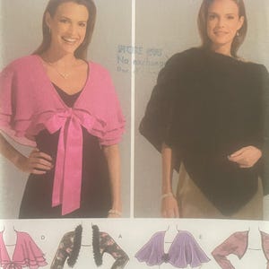 May include: A Simplicity 1742 easy-to-sew pattern envelope for various shrugs, boleros, and ponchos. The front displays two models wearing a pink ruffled shrug and a black poncho, with illustrations of five different garment styles below.