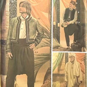 May include: Simplicity costume pattern featuring three adult costume designs. The pattern includes a man in a green jacket and pants, a man in a vest and pants, and a man in a long robe. The text "Costumes for adults" is visible.