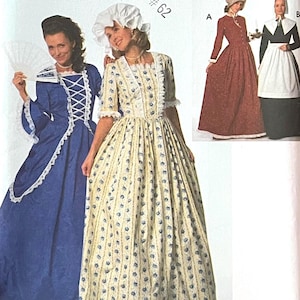Puede incluir: Patrón de costura Simplicity Costumes con vestidos históricos. La portada muestra mujeres con vestidos azules y amarillos con adornos de encaje blanco, y opciones de vestuario adicionales. El patrón incluye tallas 4, 6 y 8.