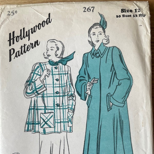 Hollywood 267, Size 12 (30 bust, 33 Hip), flared coat in two lengths, 40’s vintage sewing pattern