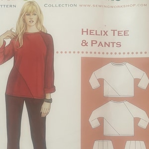 May include: A sewing pattern envelope titled The Sewing Workshop Collection Helix Tee & Pants. The front features an illustration of a long-sleeved red top and dark pants, alongside technical line drawings of the garments on a peach background.