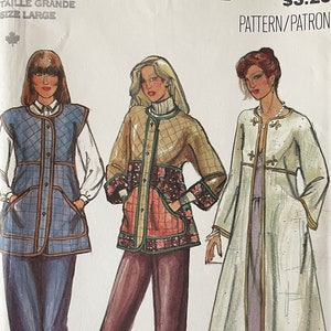 May include: A vintage sewing pattern for a long white robe, a quilted vest, and a long-sleeved jacket. The pattern is from Butterick and is number 3385. The price is £3.20.