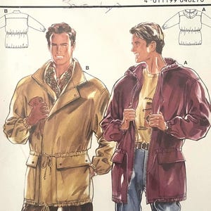 May include: A Burda sewing pattern packet with illustrations of two men's jackets. The packet includes the number 4627, size details, and the Burda logo. The jackets are in tan and burgundy colours.
