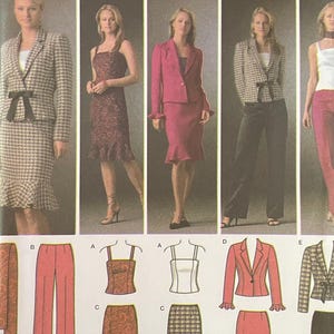 May include: Simplicity Easy Chic sewing pattern, featuring various women's suit and dress designs. The pattern includes options for blazers, skirts, pants, and dresses. The size range is HH 6,8,10,12.