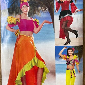 May include: A sewing pattern for a three-piece costume featuring a bright orange, yellow, and green skirt, a pink crop top with yellow ruffles, and a yellow and green top with a floral print. The pattern is from Butterick and includes all sizes.