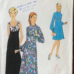 May include: Vintage sewing pattern featuring three dress designs. The illustrations showcase a black maxi dress, a floral print maxi dress, and a blue dress with long sleeves. The pattern includes sizing information and the text "Style".