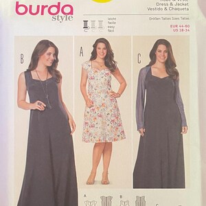 以下が含まれることがあります： ブルダスタイルの縫製パターン番号6947は、ドレスとジャケット用です。このパターンには、3つの異なるスタイルが含まれています。ノースリーブのロングドレス、花柄の半袖ドレス、ロングスリーブのドレスとそれに合わせたジャケットです。このパターンは、EUR 44-60とUS 18-34のサイズに対応しています。