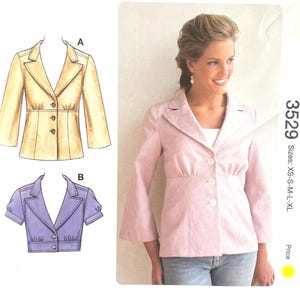 May include: Kwik Sew pattern 3529 for misses' sizes XS-XL. The pattern includes designs for a blazer with long sleeves and a short-sleeved jacket. The image shows a woman wearing a pink blazer. The pattern is designed by Kerstin Martensson.
