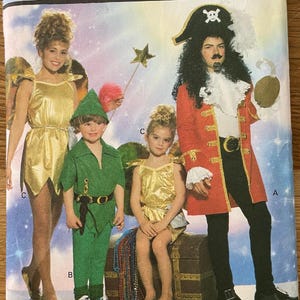 May include: A sewing pattern for children's costumes. The pattern includes instructions for making a Tinkerbell costume, a Peter Pan costume, and a Captain Hook costume. The pattern is from Butterick and the pattern number is 6303. All sizes are included.