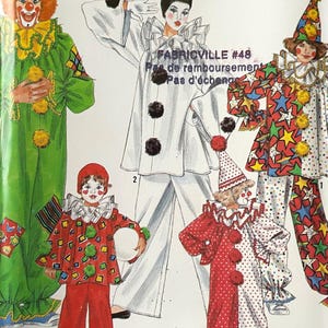 May include: Simplicity Costumes pattern featuring various clown costume designs. The designs include colorful outfits with ruffles, pom-poms, and star patterns. The pattern is size AA (SM-LG).