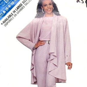 May include: A vintage sewing pattern by Butterick featuring a woman in a light purple pantsuit with a matching long jacket. The pattern is for sizes 6-14 and is rated "Very Easy". The pattern number is 254.