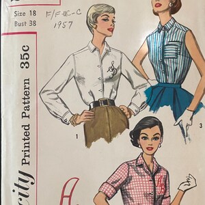 May include: Vintage Simplicity printed sewing pattern, size 18, bust 96.5 cm. The cover shows illustrations of women in blouses, including a white shirt, a striped top, and a pink plaid shirt. The pattern is from 1957.