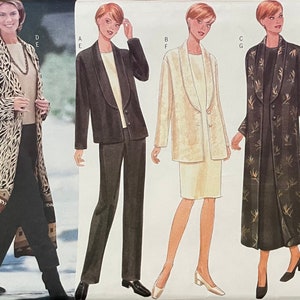 May include: A sewing pattern for a long coat with a shawl collar. The pattern includes three different styles: a black coat with a shawl collar, a white coat with a shawl collar, and a black and gold patterned coat with a shawl collar. The pattern is for sizes 20-22-24. The pattern is from Butterick Classic.