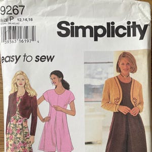 May include: A sewing pattern for a dress and a top with a cropped jacket. The pattern is for sizes 12, 14, and 16. The pattern is from Simplicity and is easy to sew.