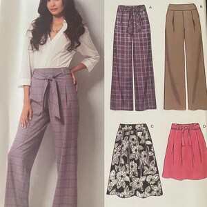 May include: New Look sewing pattern 6757 for sizes A 6-16. The envelope features illustrations of four garment styles: wide-leg trousers with a tie waist in plaid, solid tan trousers, a black and white floral skirt, and a solid pink skirt.