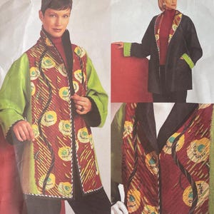 May include: A sewing pattern for a long coat with a colorful design. The coat features a burgundy and yellow patterned front, green sleeves, and black trim. The pattern is labeled "2709" and includes the designer's name, "KOOS VAN DEN AKKER."
