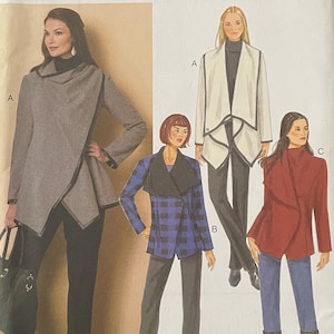 May include: A Butterick sewing pattern envelope, model B6255, featuring illustrations of three different jacket styles. The designs include a grey wrap jacket, a blue and black plaid jacket, and a solid red jacket, all shown with trousers and boots.