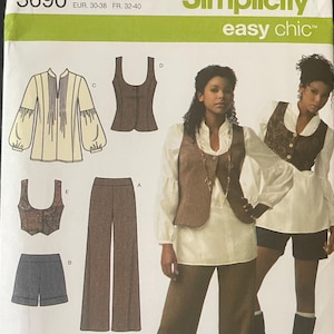 May include: A Simplicity 3690 sewing pattern envelope for sizes 4, 6, 8, 10, 12. The front displays illustrations and photographs of a long-sleeved blouse, a vest, trousers, and shorts. The text includes "Simplicity" and "easy chic" branding.