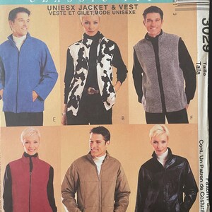 May include: A McCall's Classic Fit sewing pattern envelope for a unisex jacket and vest, labeled 3029. The front displays six photographs of individuals wearing various versions of the jacket and vest in blue, cow print, gray, red, tan, and black.