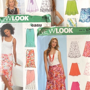 May include: Several New Look sewing patterns for skirts are displayed. The patterns feature various skirt styles, including A-line, wrap, and ruffled designs. The covers showcase images of the finished skirts and include the text "NEW LOOK" and "easy".